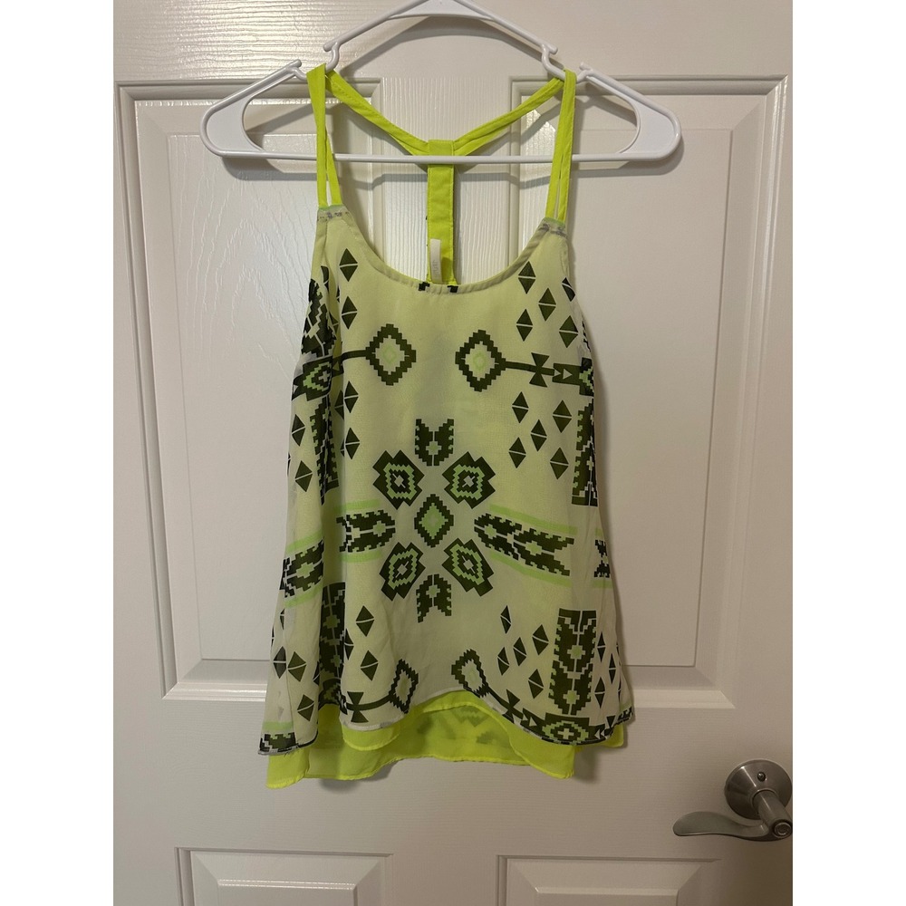 Truth nyc Tank Top Women S Neon Yellow Geometric Tribal Beaded Racerback Chiffon